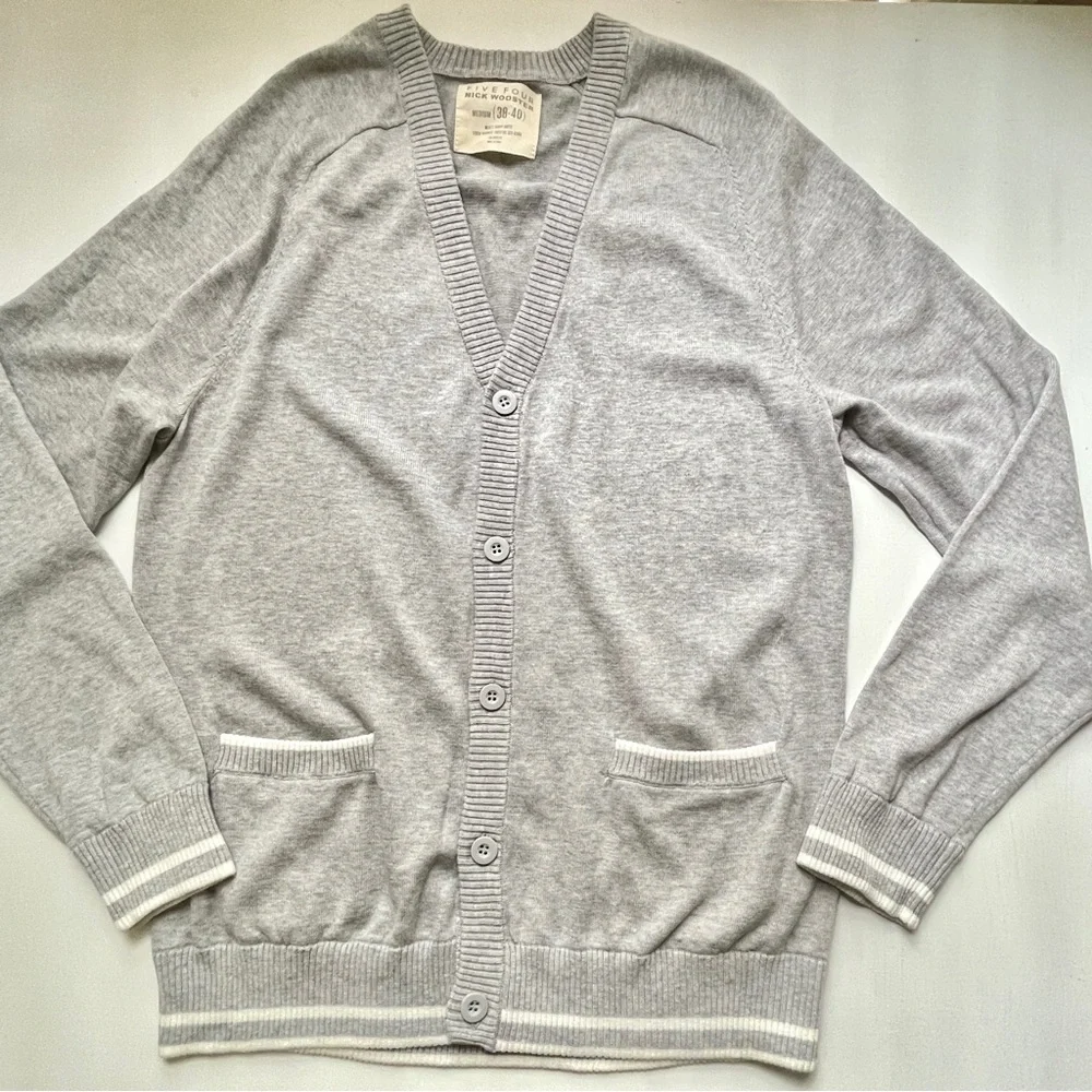 Five Four Nick Wooster Mens M Gray Cotton Cardigan Sweater Varsity Stripe